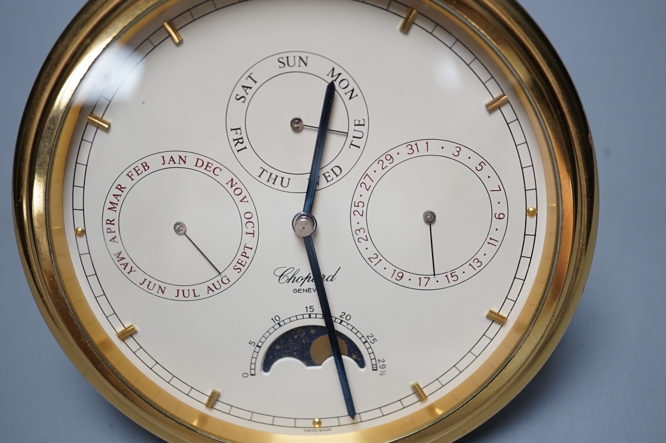 A Swiss Chopard travel desk alarm clock on stilt, 14cm diameter